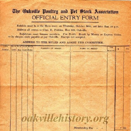entry form for the Oakville Poultry and Pet Stork Association.