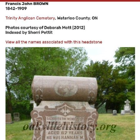 Francis & Hannah Brown Tombstone. Trinity Anglican Cemetery, Cambridge